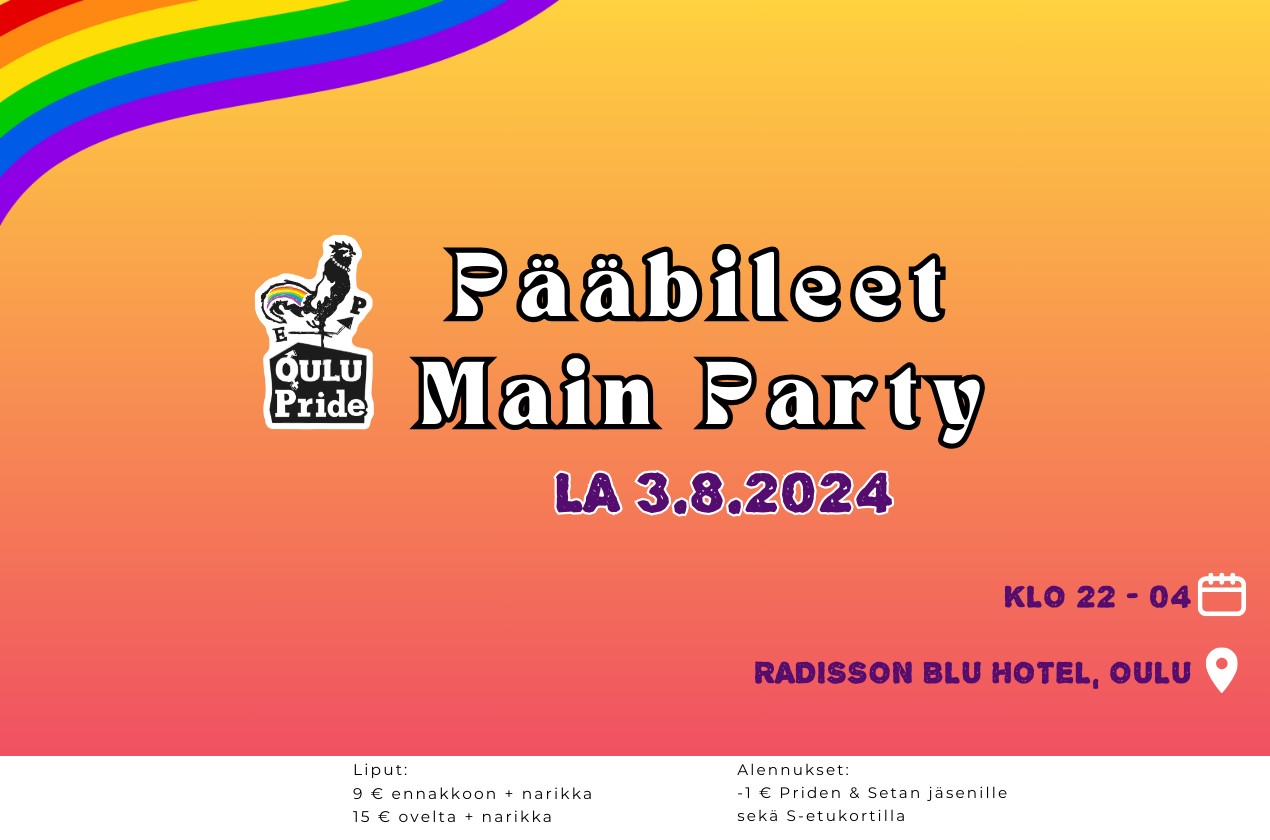 Oulu Pride Pääbileet lauantaina 3.8. paikkana Radisson Blu