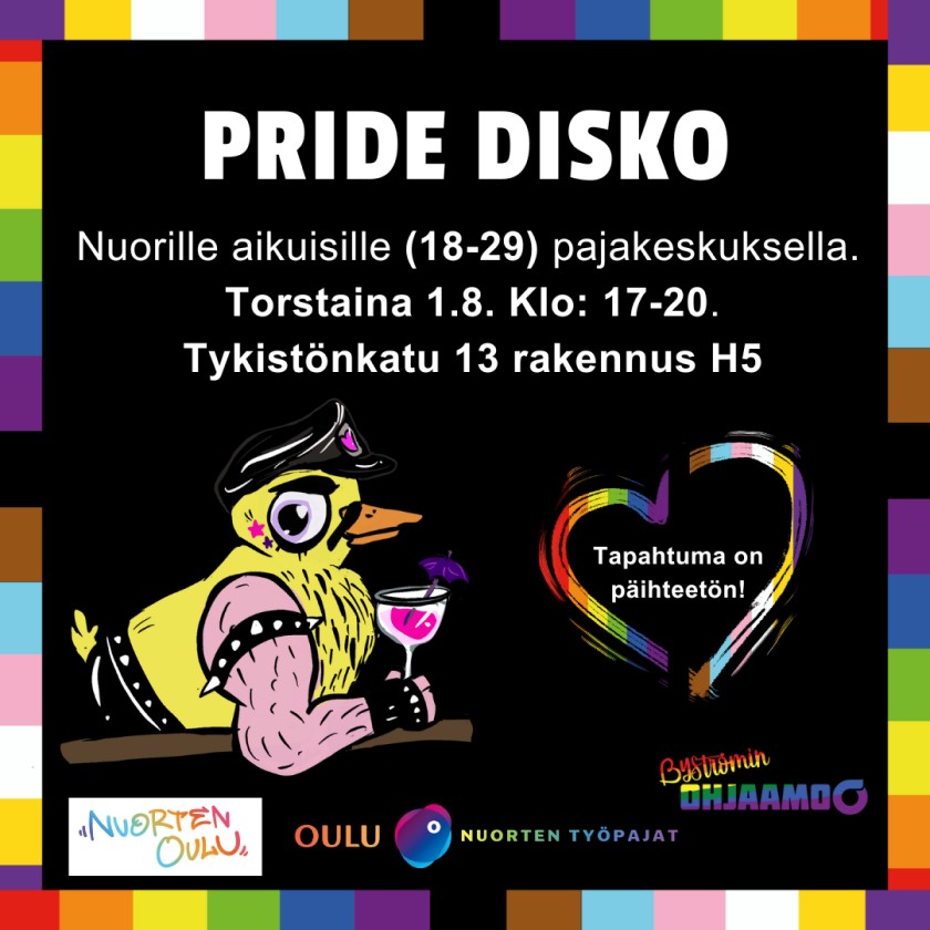 Pride Disko nuorille aikuisille pajakeskuksella 1.8.